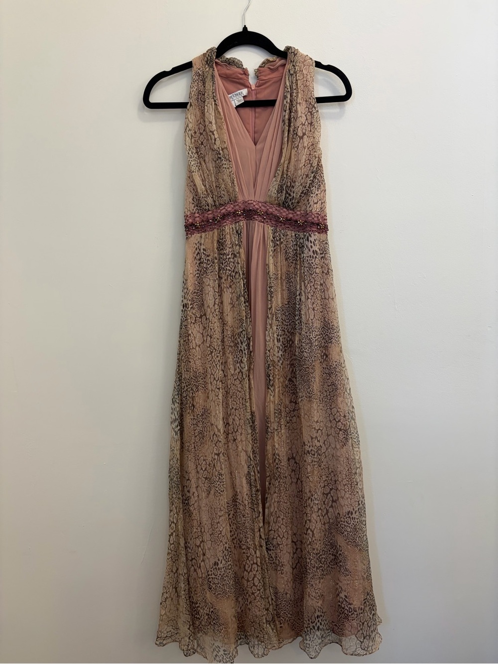 Kay Unger Blush/Gold Beaded Silk Metallic Chiffon Goddess Gown Altered to Sz 4
